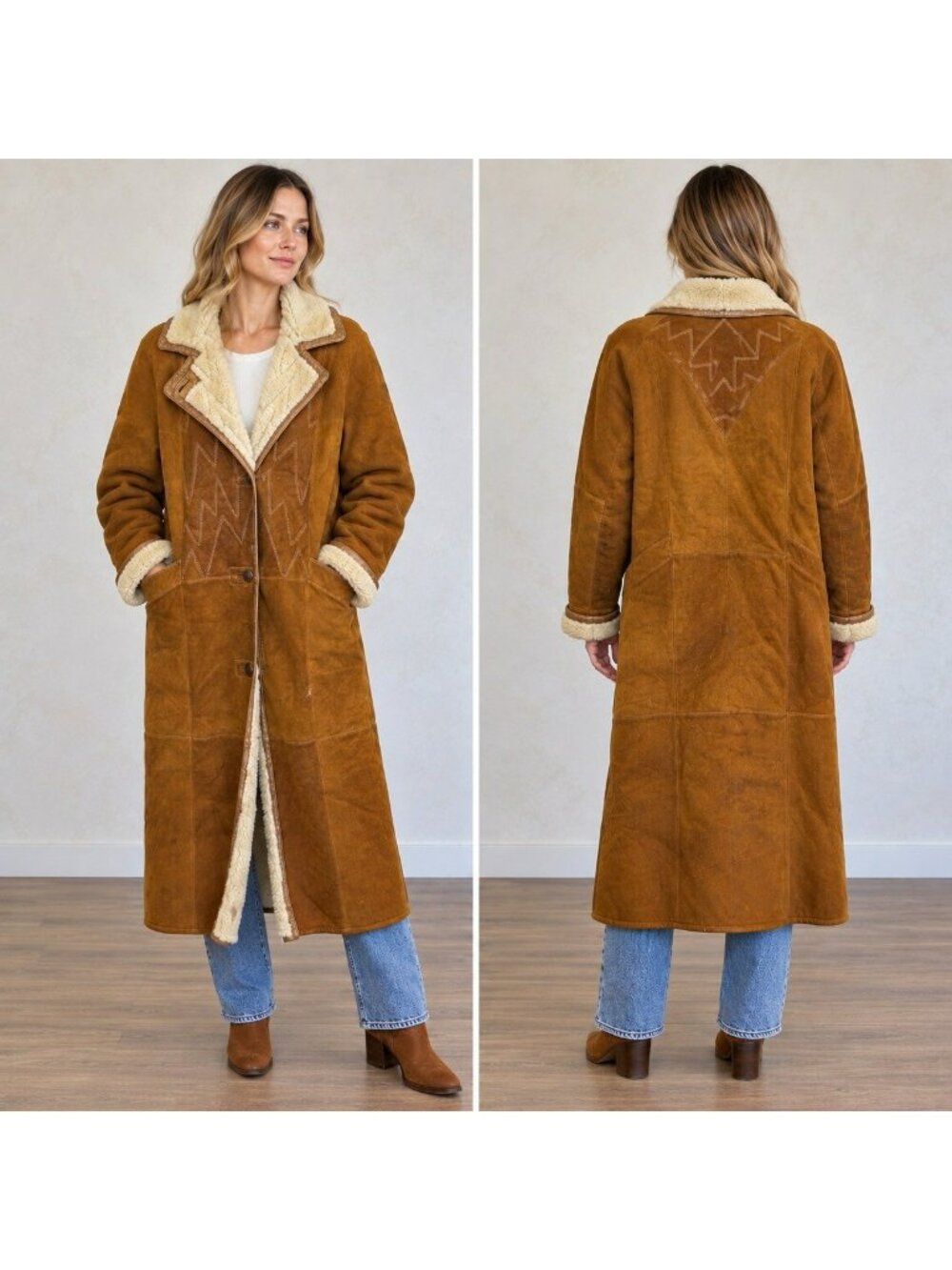 VTG Made in Finland Genuine Shearling Long Coat Womens Medium Boho Penny Lane